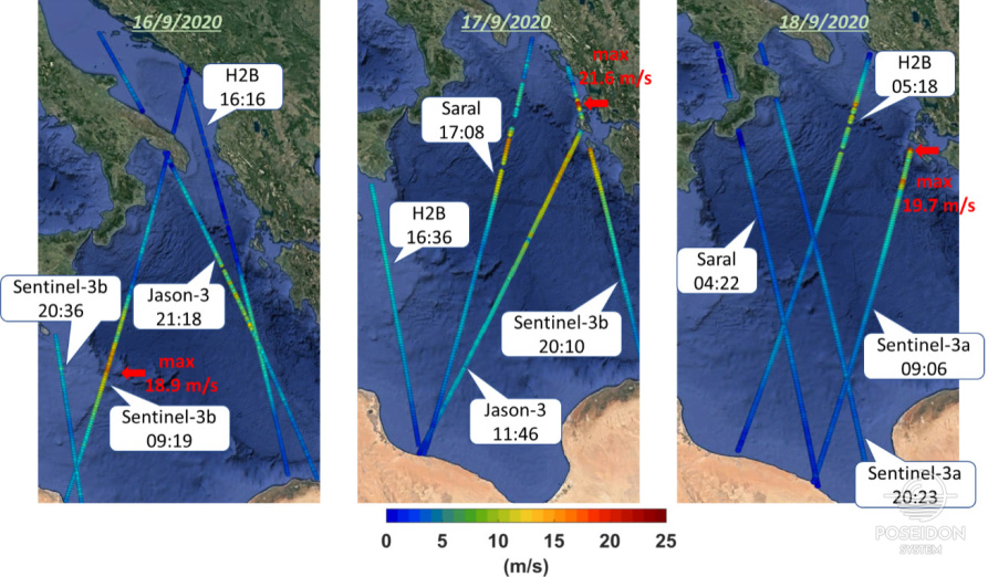 Μετρήσεις της ταχύτητας του ανέμου από τα αλτίμετρα (altimeter) των δορυφόρων Sentinel-3b & 3a, Jason-3, Saral και H2B κατά μήκος των τροχιών τους. 