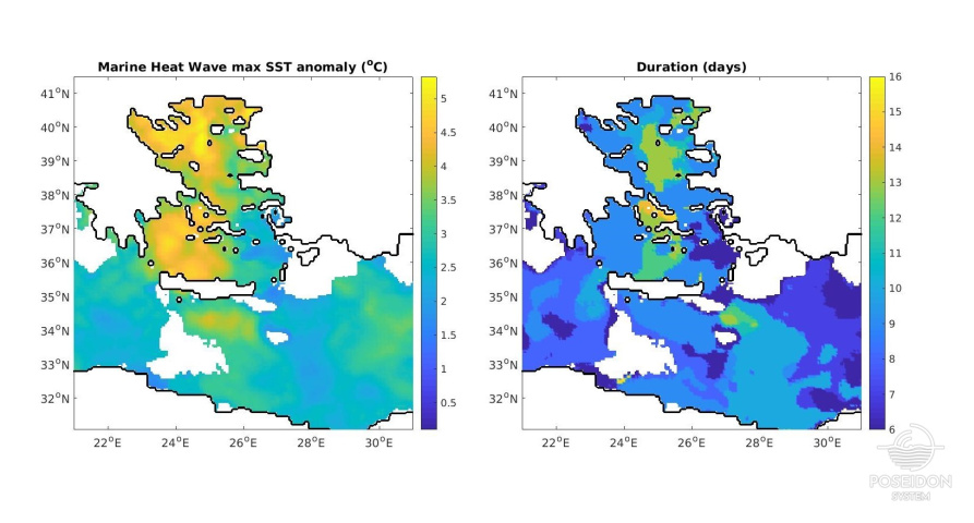 Spatial distribution of the maximum intensity (left) and duration (right) of the Marine Heat Wave (MHW) detected in the Aegean during the last 10 days of June 2021