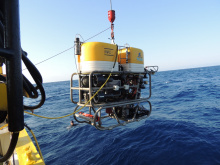 ROV (Remote Operated Vehicle) is diving to the sea for the recovery of the cabled observatory