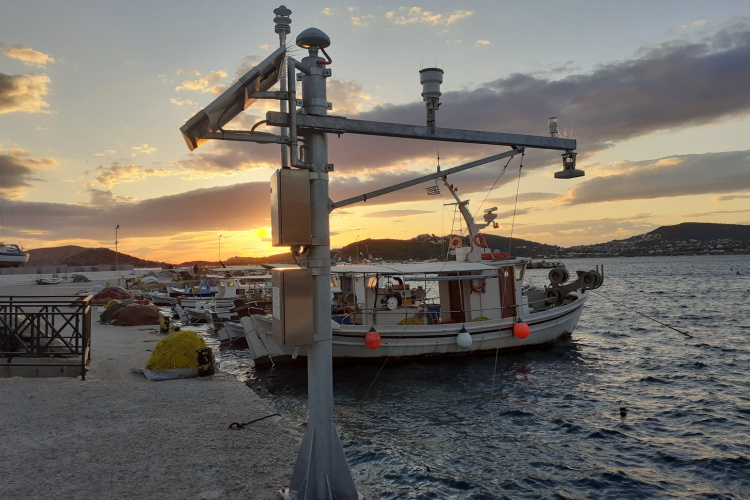 Typical installation of a radar tide gauge equipped with meteorological sensors and wireless telecommunication link (Poseidon Tide gauge, Palaia Fokea)
