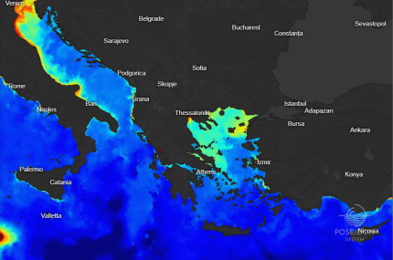 satellite chlorophyll-A at the sea surface - data provided by Copernicus Marine Service